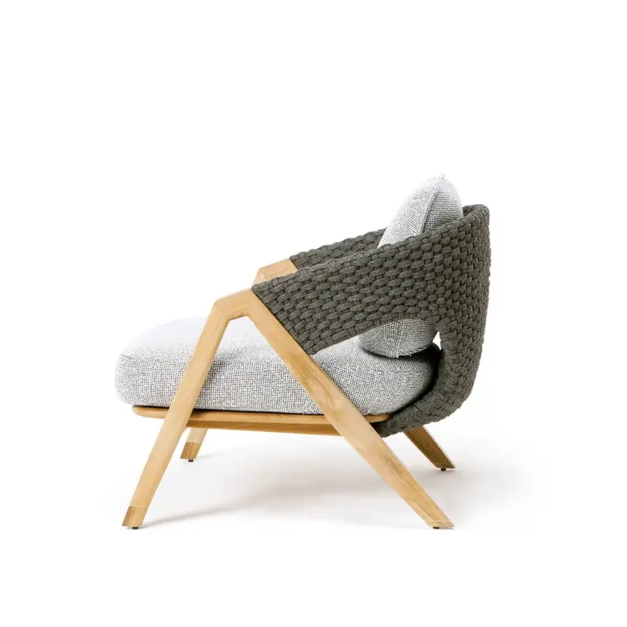 Distinguished Ethimo Knit lounge chair with a teak wood frame and sophisticated woven rope backrest in muted gray with satin finish