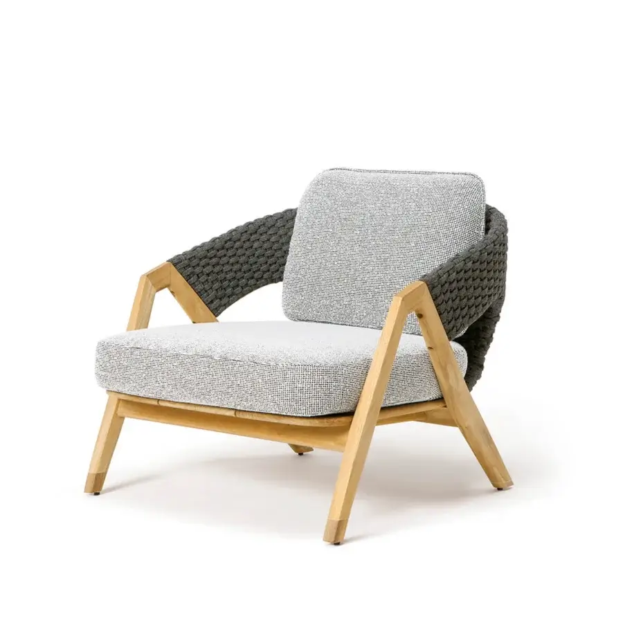 Exceptional Ethimo Knit lounge chair crafted with teak wood and a woven rope backrest in a muted gray palette