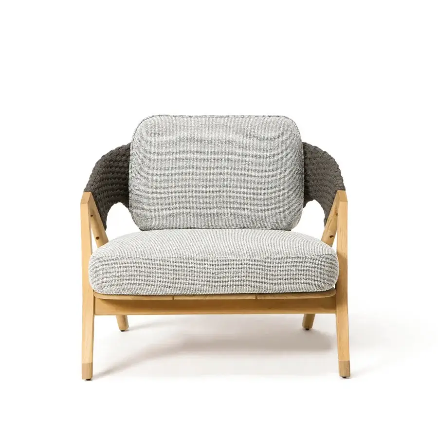 Elegant Ethimo Knit lounge chair with a teak wood frame and sophisticated woven rope backrest in a muted gray palette
