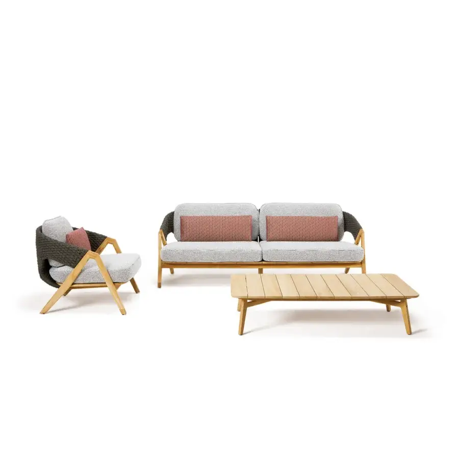 Superior Ethimo Knit lounge chair with a teak frame and woven rope backrest in gray-beige with reddish-brown and darker gray woven patterns