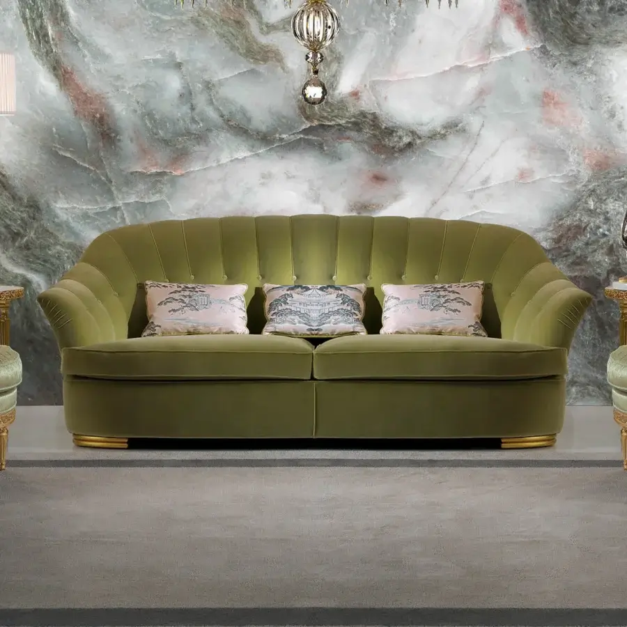 Distinguished Zanaboni Broadway sofa with olive green velvet upholstery and a subtle metallic accent base