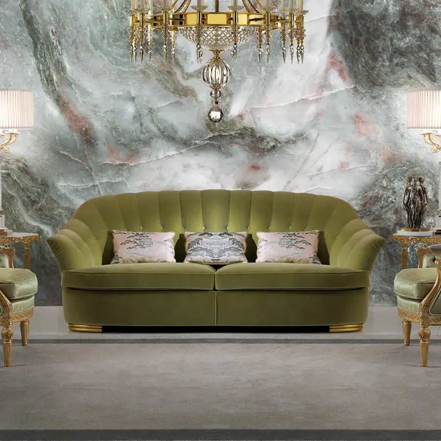 Exceptional Zanaboni Broadway sofa with olive green upholstery, gold-toned legs and a deeply tufted backrest crafted for refined relaxation