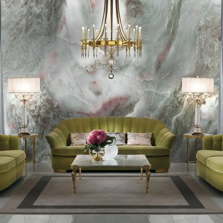 Lavish Zanaboni Broadway sofa with matte olive green textile upholstery and gleaming golden-toned wood base