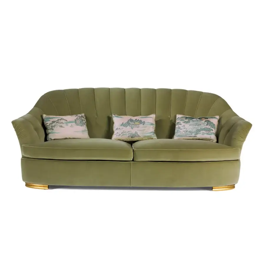 Superior Zanaboni Broadway sofa with soft olive green textile upholstery and gold-toned metal legs
