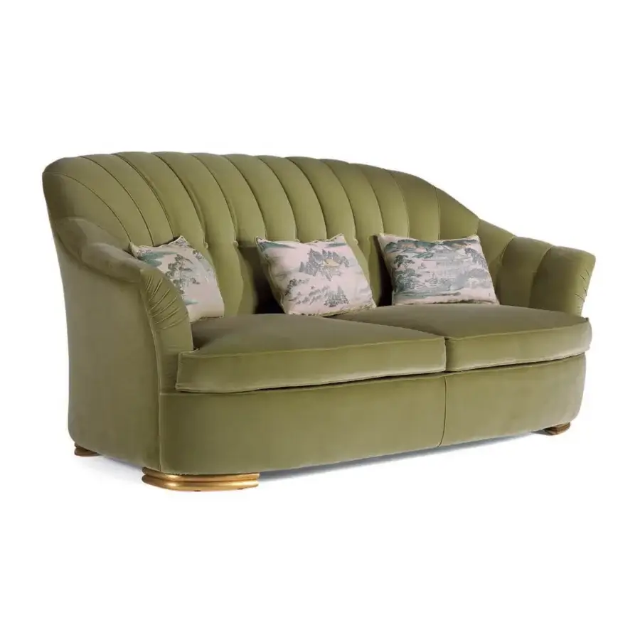 Distinguished Zanaboni Broadway sofa with sumptuous olive green velvet upholstery and elegant gold-toned finishes