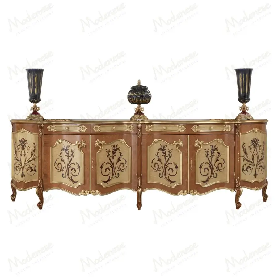 Lavish Modenese Royal Blend sideboard crafted in warm brown wood with floral inlays and opulent gold leaf detailing with a polished finish