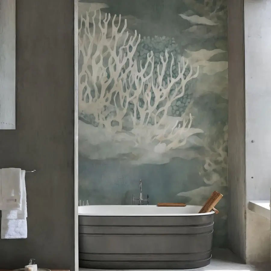 Exceptional Wall&Decò Good Mood wallpaper with a refined coral pattern in grayish-green water-based resins and matte finish