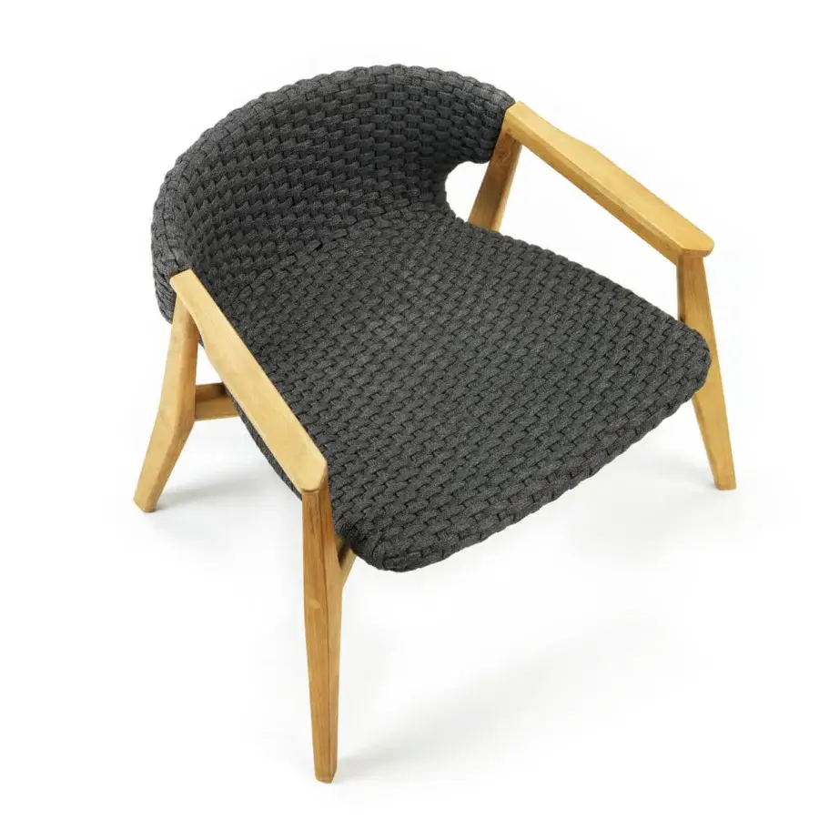 Exceptional Ethimo Knit lounge chair with a sinuous FSC-certified teak frame and dark charcoal gray woven rope construction