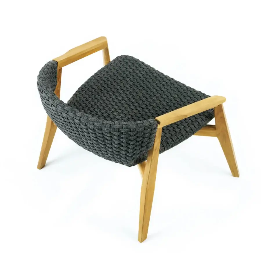 Superior Ethimo Knit lounge chair with a sinuous FSC-certified teak frame and high-density woven rope in dark gray with a satin finish