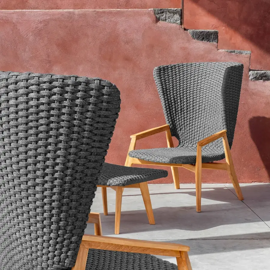 Distinguished Ethimo Knit lounge chair crafted with dark gray woven rope and a hand-finished FSC-certified teak frame