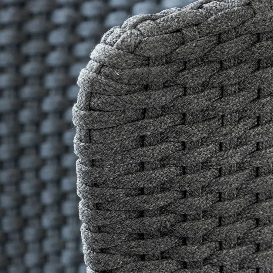 Distinguished Ethimo Knit lounge chair with a hand-finished teak frame and elegantly woven heathered gray rope backrest