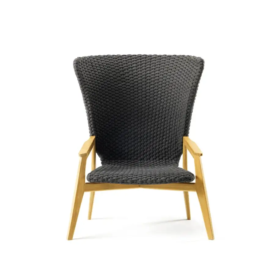 Sophisticated Ethimo Knit lounge chair with a hand-finished teak frame and elegantly woven dark gray knit rope backrest