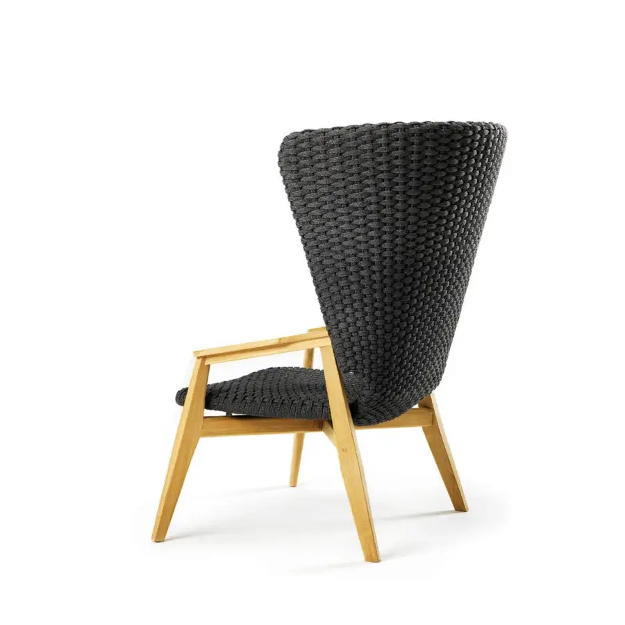 Distinguished Ethimo Knit lounge chair with a hand-finished teak frame and dark charcoal woven rope backrest crafted in Italy