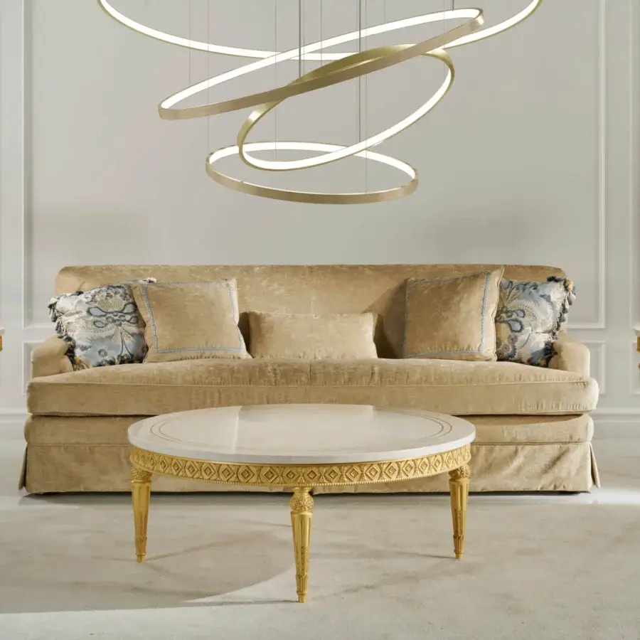 Exceptional Zanaboni Chagall sofa crafted with warm beige woven fabric and a matte finish, accented with blue and cream cushions