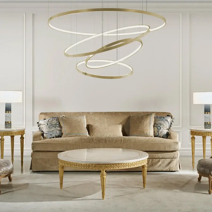 Lavish Zanaboni Chagall sofa built with solid wood and muted gold textile upholstery with ornate hand-finished detailing