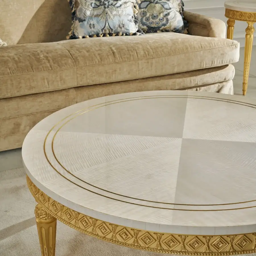 Superior Zanaboni Chagall sofa upholstered in plush textured textile with a warm light beige tone and gold finish