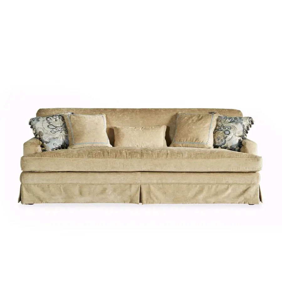 Distinguished Zanaboni Chagall sofa upholstered in ornate golden-yellow textile with skilled floral embroidery and a fully skirted base