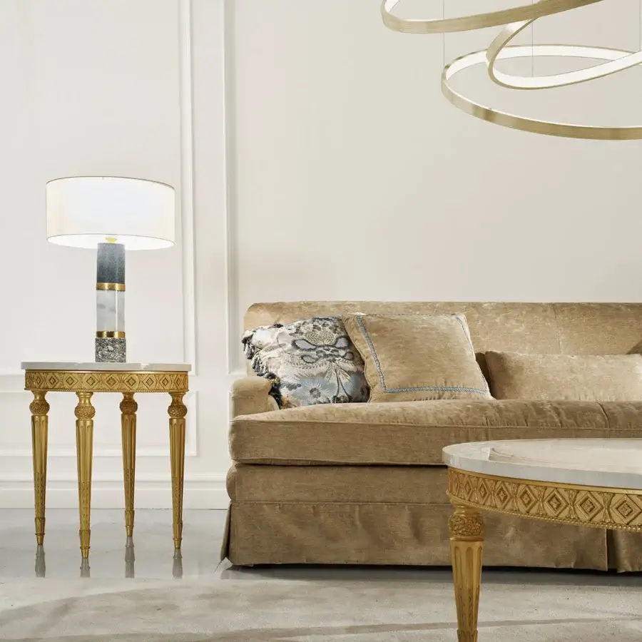 Superior Zanaboni Chagall sofa upholstered in sumptuous golden-beige textile with hand-finished blue cushions
