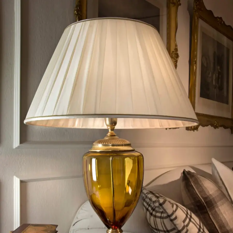 Distinguished Laudarte Aurelia table lamp crafted in bronze with 24K French gold plated finish and clear crystal base