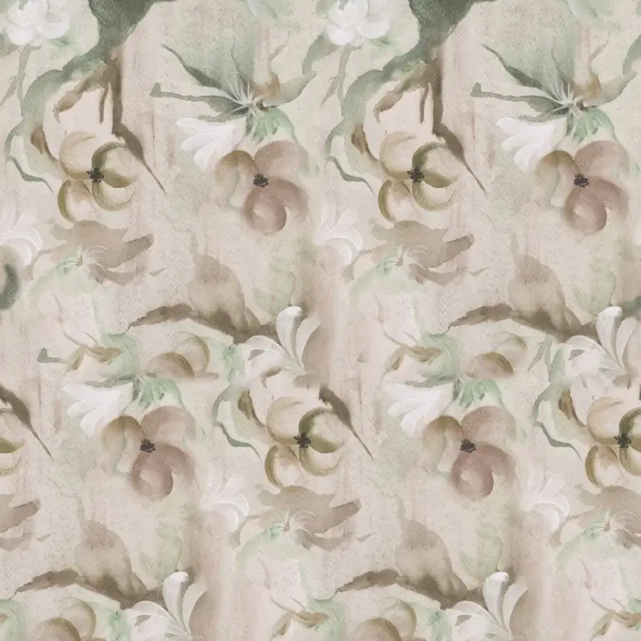 Exceptional Wall&Decò Narciso wallpaper with watercolor gradients in muted beige, taupe and pale green on a waterproof base