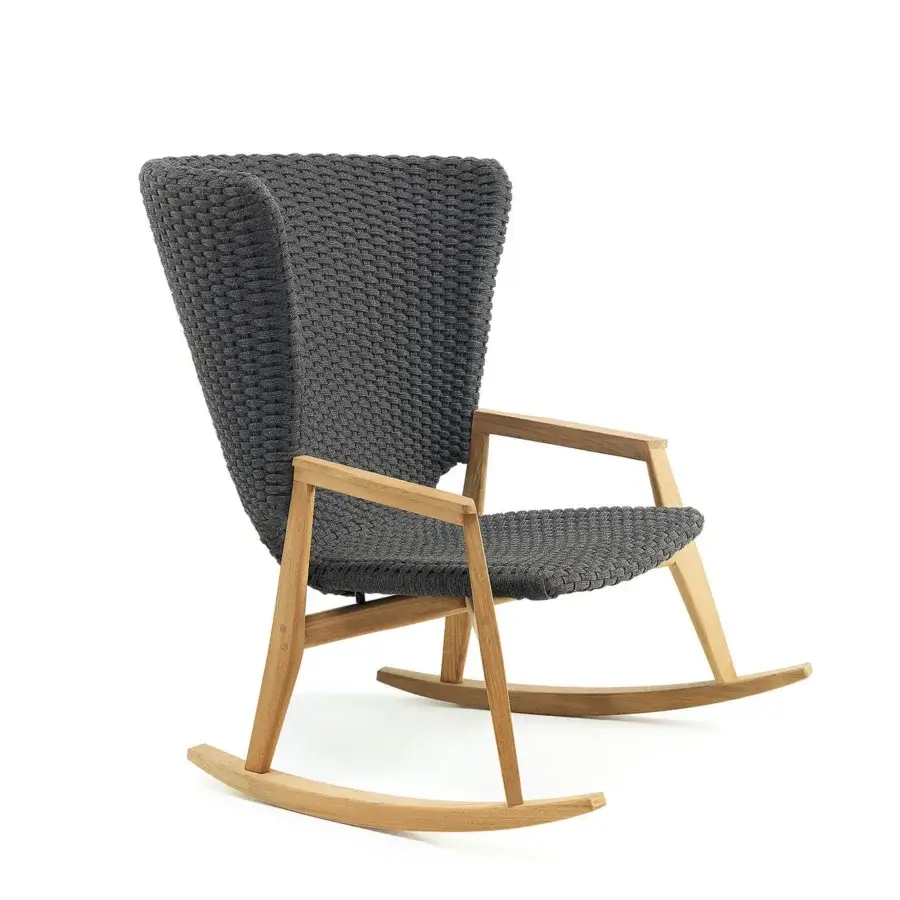 Superior Ethimo Knit rocking lounge chair with dark charcoal gray woven rope and satin teak frame