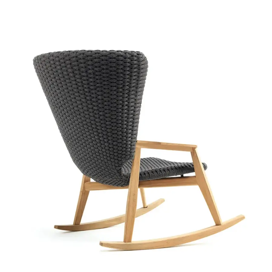 Elegant Ethimo Knit rocking lounge chair crafted with FSC-certified teak and a dark gray woven flat rope seat with satin wood finish
