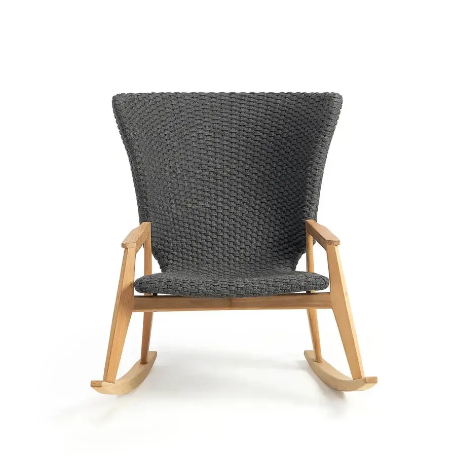 Distinguished Ethimo Knit rocking lounge chair with dark gray woven flat rope and FSC-certified teak construction