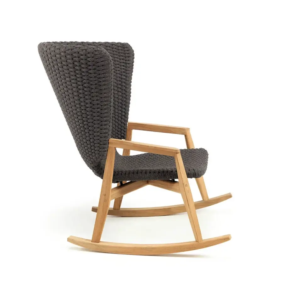 Elegant Ethimo Knit rocking lounge chair with a satin finish FSC-certified teak frame and dark charcoal gray woven flat rope seat