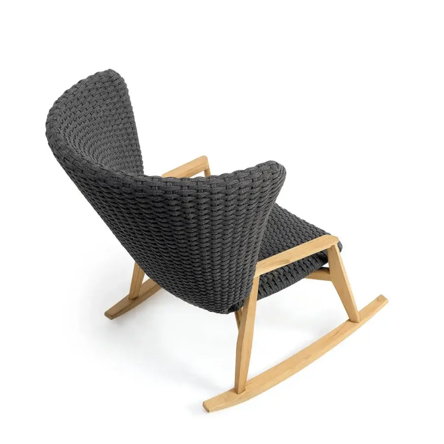 Distinguished Ethimo Knit rocking lounge chair crafted with dark gray woven flat rope and FSC-certified teak