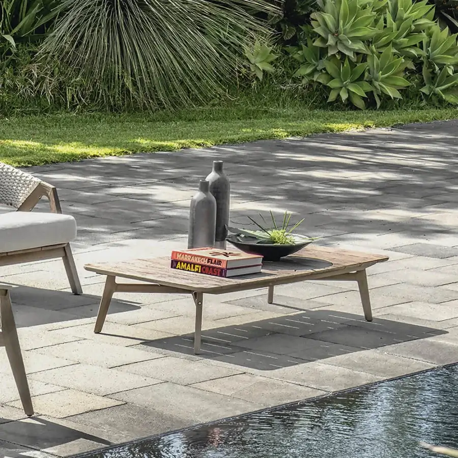 Distinguished Ethimo Knit coffee table crafted in teak with a satin finish for contemporary outdoor spaces