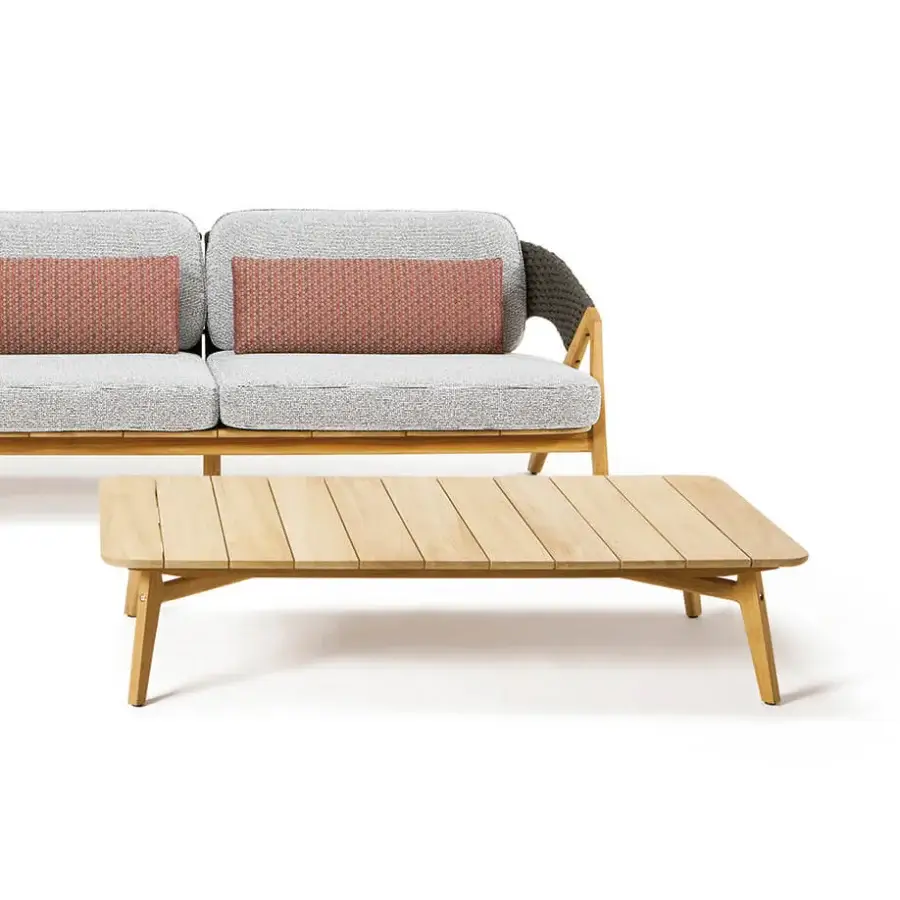 Sophisticated Ethimo Knit coffee table crafted in FSC-certified teak with a smooth satin finish