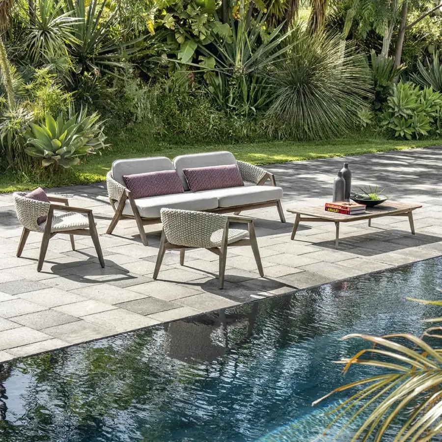 Exclusive Ethimo Knit coffee table with woven beige tabletop and light gray FSC-certified teak frame