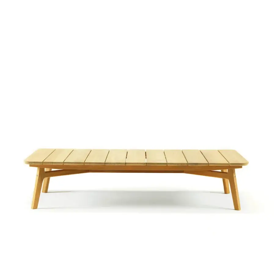 Distinguished Ethimo Knit coffee table crafted in FSC-certified teak with a satin finish and warm brown wooden slats