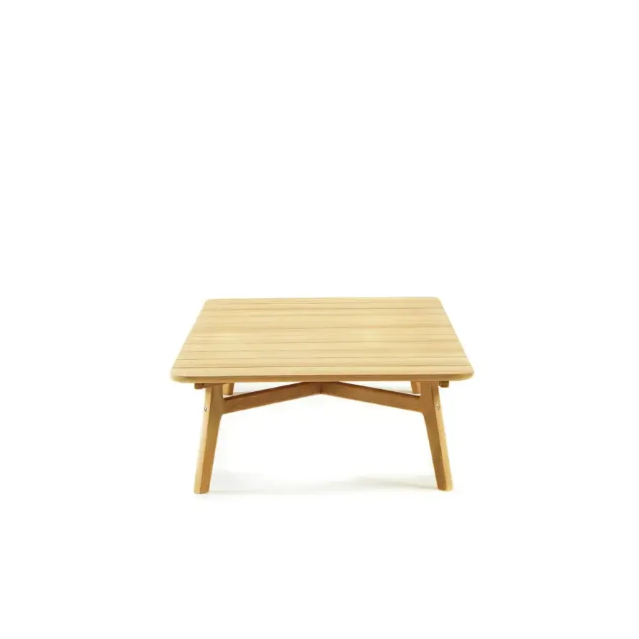 Distinctive Ethimo Knit coffee table crafted in FSC-certified teak with a warm brown tone and X-shaped support with a satin finish