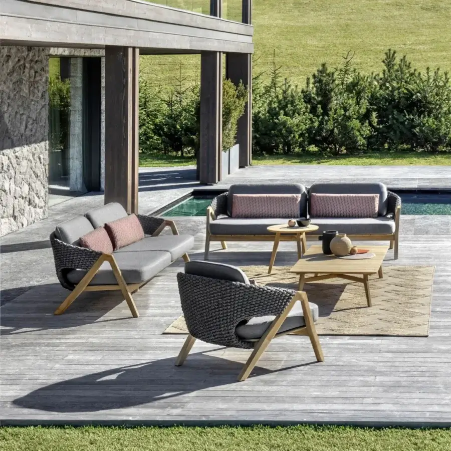 Distinguished Ethimo Knit coffee table crafted in FSC-certified teak with a satin finish and warm medium-toned brown surface
