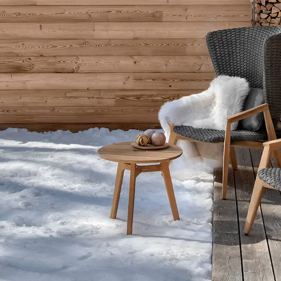 Elegant Ethimo Knit side table crafted in FSC-certified teak with a smooth satin finish
