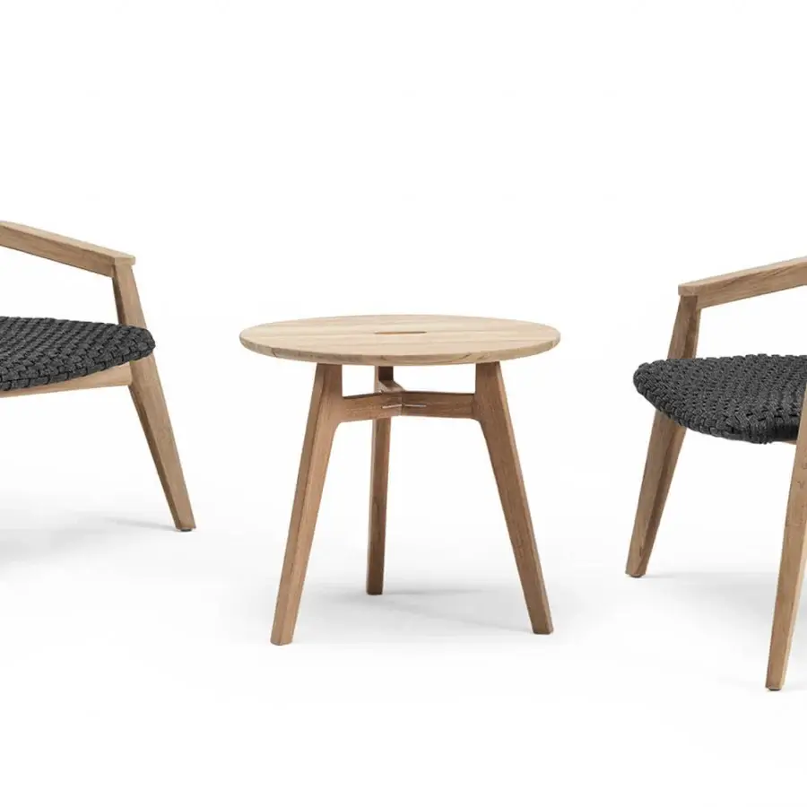 Superior Ethimo Knit side table in light-to-medium teak with a satin finish and stable three-legged base