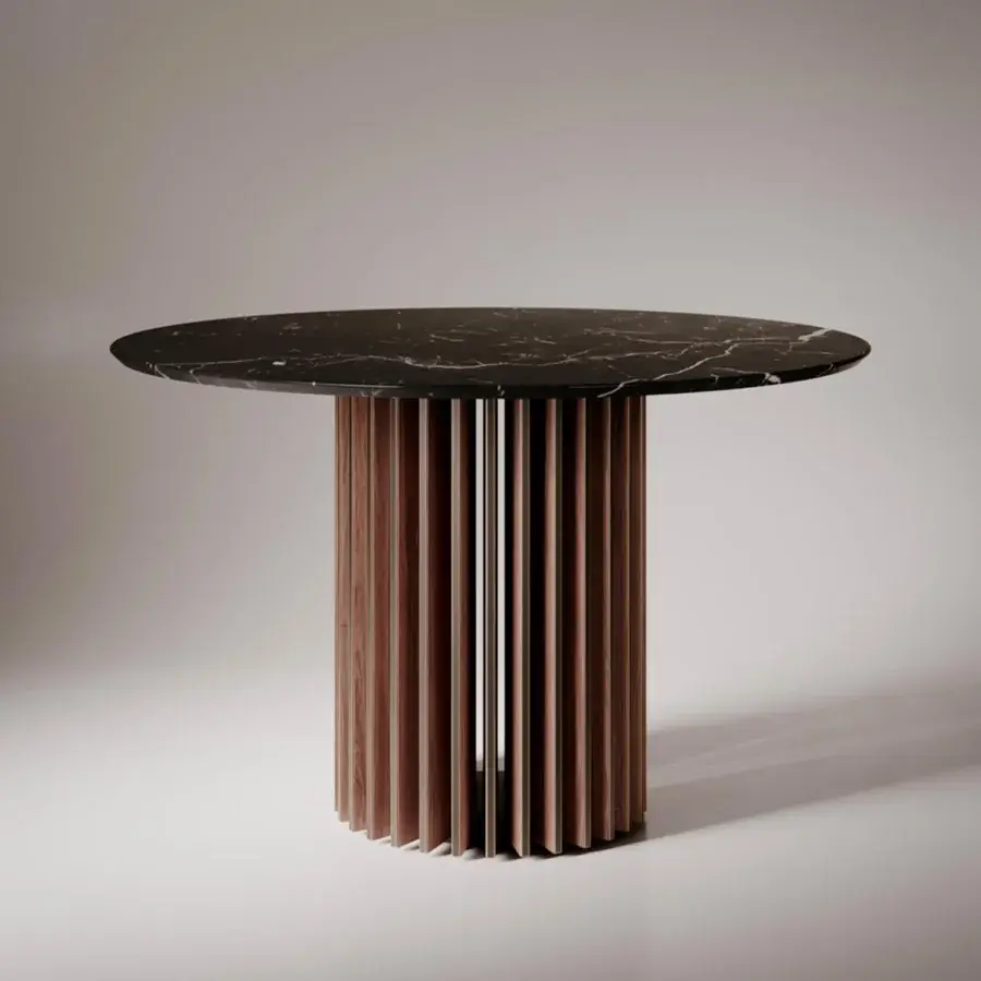 Distinguished VENICEM Blade table with polished marble top and solid Canaletto walnut base built with brass accents