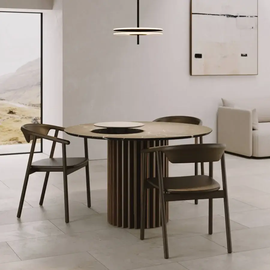 Superior VENICEM Blade table with cool gray-beige marble and a satin Canaletto walnut base crafted in Italy