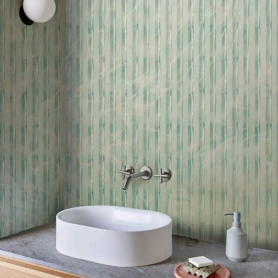 Superior Wall&Decò Reedscape wallpaper with vertical lines and muted shades of green and beige in matte finish