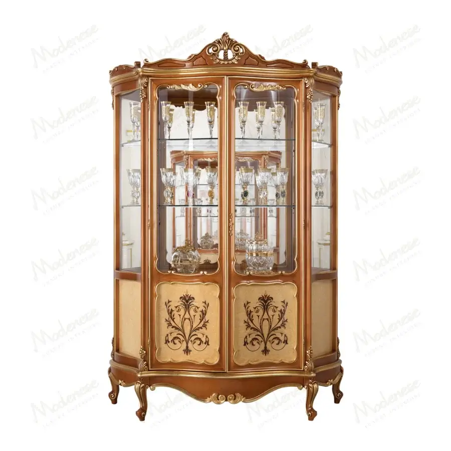 Distinguished Modenese Royal Blend cupboard crafted in walnut wood with golden detailing and glossy finish
