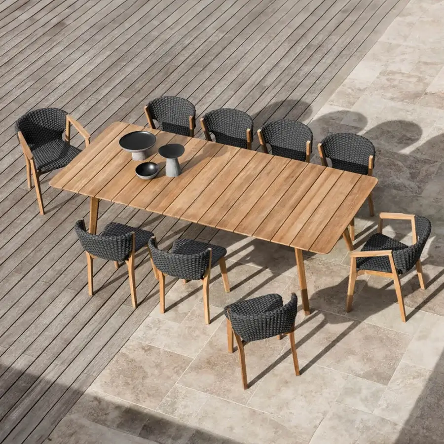 Distinguished Ethimo Knit chair with dark gray woven rope and FSC-certified teak, presenting a satin finish