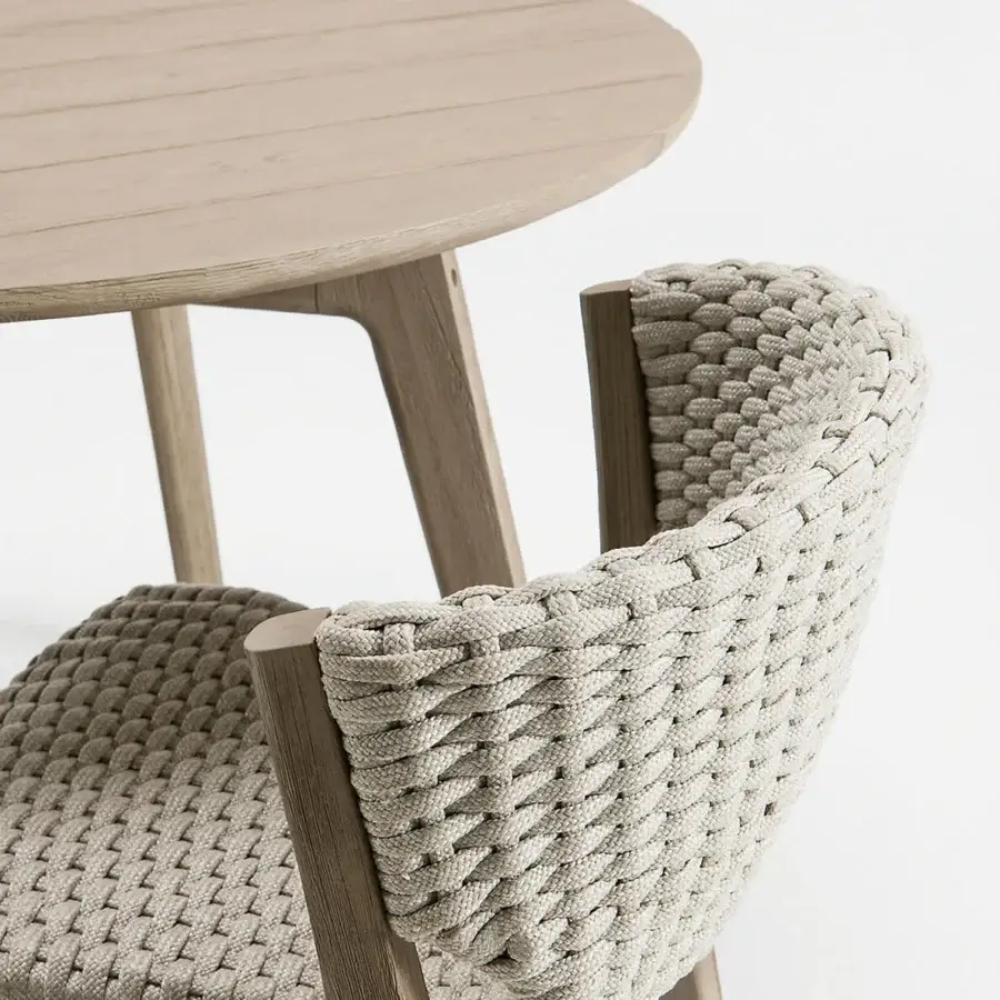 Exceptional Ethimo Knit chair with neutral beige woven rope and FSC-certified teak frame crafted in Italy