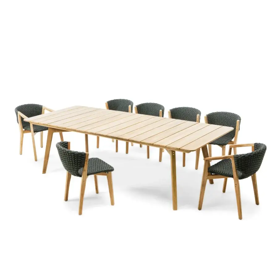Superior Ethimo Knit chair with a dark gray woven rope seat and FSC-certified teak frame crafted in Italy
