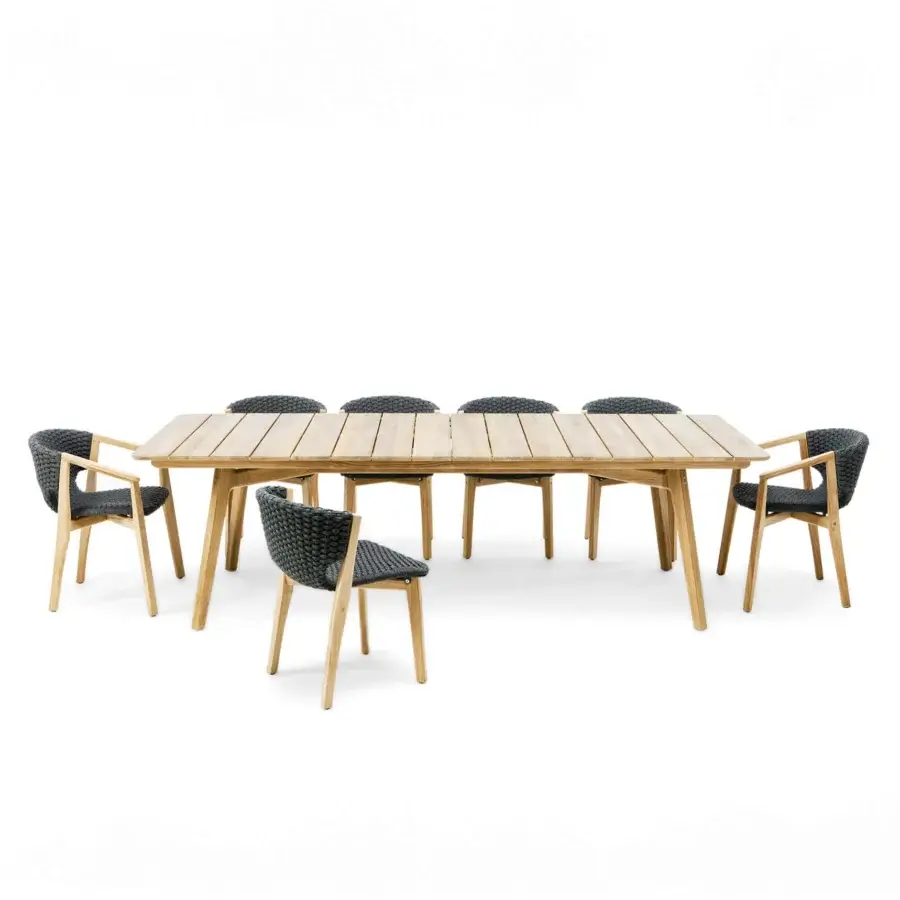 Elegant Ethimo Knit chair with a dark gray woven rope seat and FSC-certified teak frame