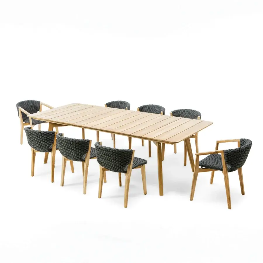 Exceptional Ethimo Knit chair with dark charcoal grey woven rope and FSC-certified teak frame with satin finish