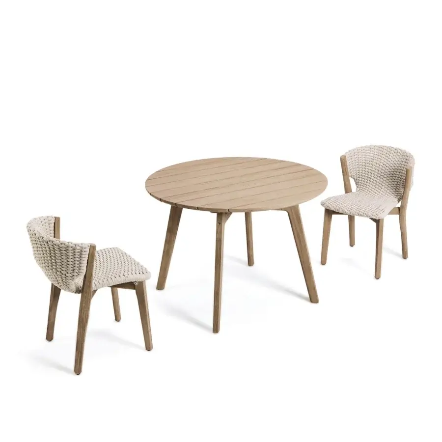 Superior Ethimo Knit chair with FSC-certified teak frame and neutral beige high-density woven rope finish
