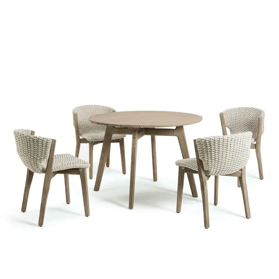 Elegant Ethimo Knit chair with FSC-certified teak frame and neutral beige high-density woven rope in a satin finish