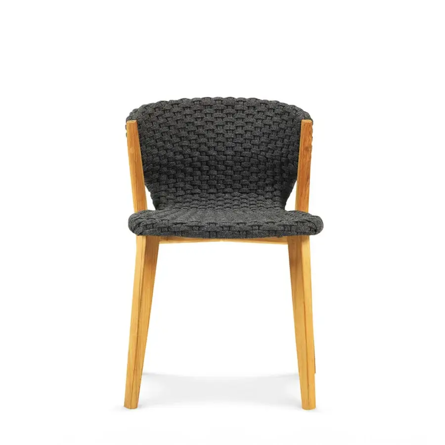 Distinguished Ethimo Knit chair with FSC-certified teak frame and dark gray high-density woven rope construction, satin finish
