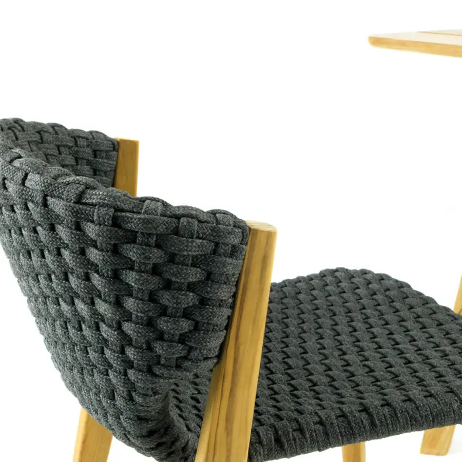 Superior Ethimo Knit chair with FSC-certified teak frame and dark charcoal gray high-density woven rope construction